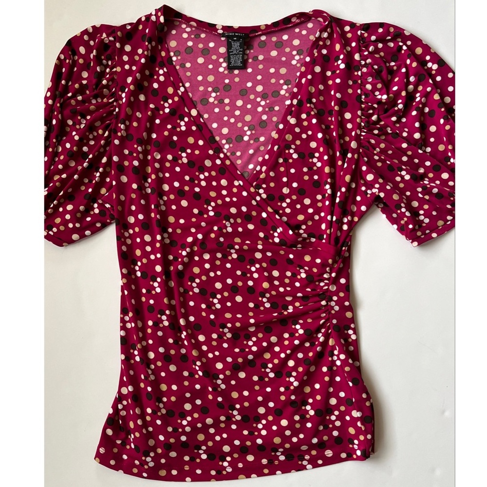 Nine West Burgundy Polka Dot V-Neck Puff Sleeve Ruched Blouse Medium